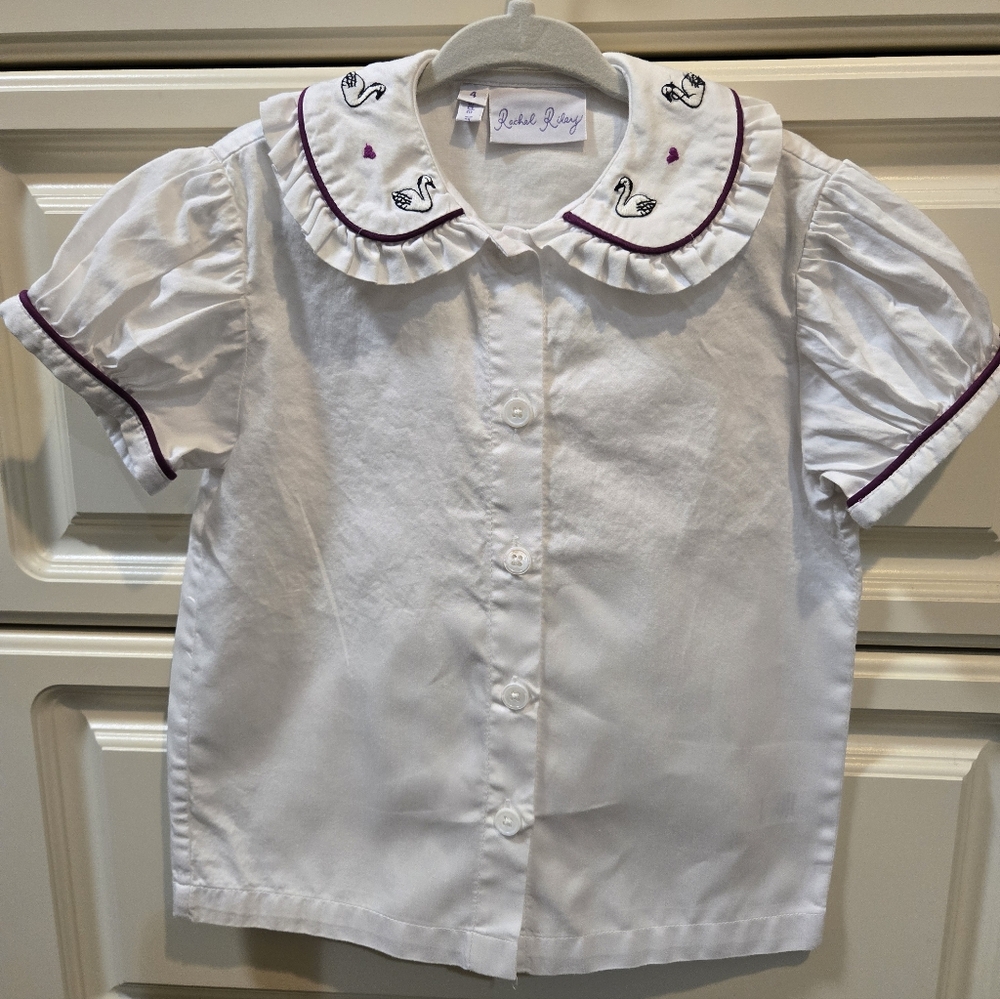 Rachel Riley White Button Down Shirt with Swan Embroidery